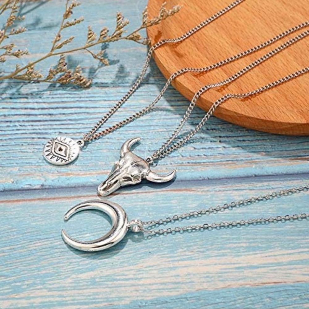 Silver Layered Necklace Set with Bull Pendant - Picture 3 of 3